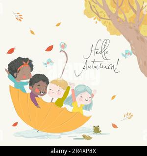 Joli dessin animé pour enfants assis dans un grand parapluie. Bonjour automne Illustration de Vecteur