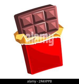 Barre de chocolat dans emballage rouge ouvert et feuille isolée sur fond blanc, dessert, illustration dans le style plat Illustration de Vecteur
