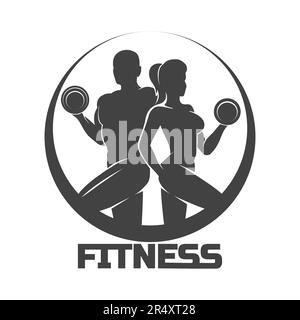 Athletic or Fitness Club logo Design bodybuilder gym femme et homme avec haltères isolées sur blanc. Illustration vectorielle Illustration de Vecteur