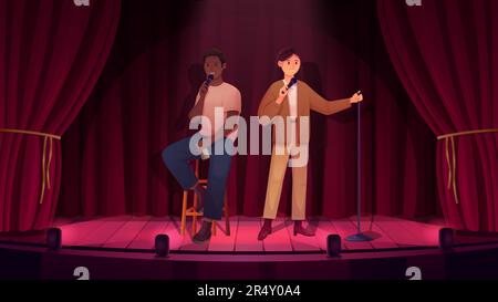 Stand-up, spectacle comique avec comédiens couple avec le micro sur scène illustration vectorielle. Caricature homme femme personnages haut-parleur assis et debout, comique homme et femme avec microphone plaisantant dans la boîte de nuit Illustration de Vecteur