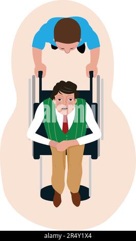 Infirmier poussant un handicap Homme en fauteuil roulant, vue aérienne Illustration de Vecteur