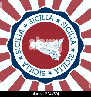 Badge Sicilia. Logo rond de l'île avec carte de maillage triangulaire et rayons radiaux. EPS10 vecteur. Illustration de Vecteur