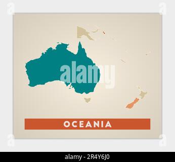 Affiche Océanie. Carte du continent avec des régions colorées. Forme de l'Océanie avec nom de continent. Illustration vectorielle attrayante. Illustration de Vecteur