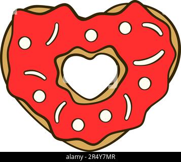 Beignet rouge en forme de cœur. Saint Valentin. Icône de dessin animé plat. Illustration vectorielle Illustration de Vecteur