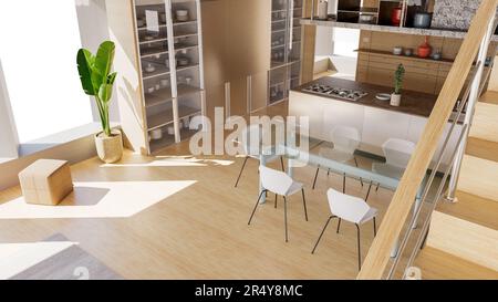 Vue intérieure d'un espace ouvert avec de grandes fenêtres, grande taille, style moderne et contemporain. mobilier intérieur de cuisine. Maisons de luxe. Séjour Banque D'Images