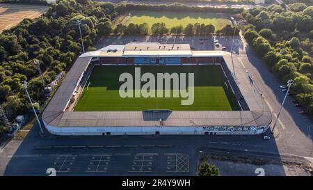 Vue aérienne de Glanford Park, stade du Scunthorpe United FC. Il était également connu autrefois comme le Sands venue Stadium Banque D'Images