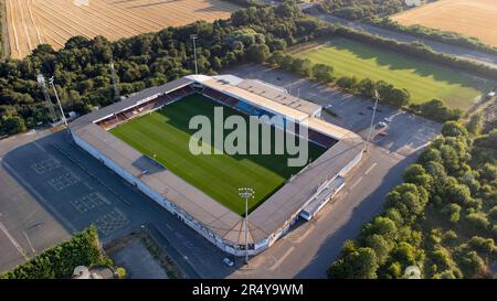 Vue aérienne de Glanford Park, stade du Scunthorpe United FC. Il était également connu autrefois comme le Sands venue Stadium Banque D'Images