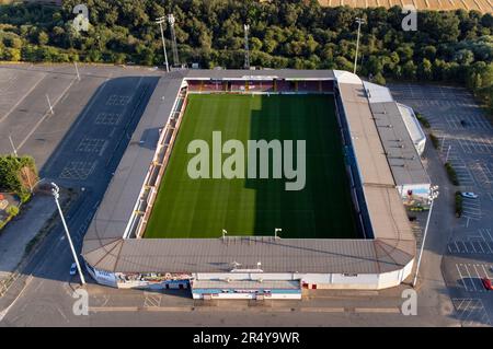 Vue aérienne de Glanford Park, stade du Scunthorpe United FC. Il était également connu autrefois comme le Sands venue Stadium Banque D'Images