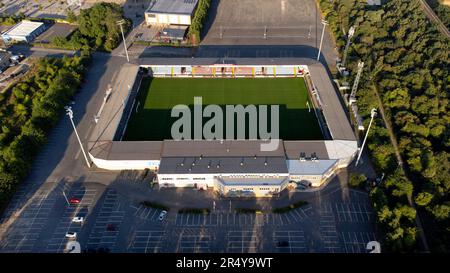 Vue aérienne de Glanford Park, stade du Scunthorpe United FC. Il était également connu autrefois comme le Sands venue Stadium Banque D'Images