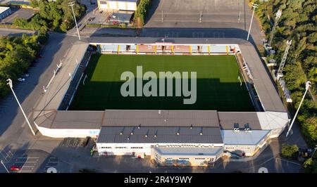 Vue aérienne de Glanford Park, stade du Scunthorpe United FC. Il était également connu autrefois comme le Sands venue Stadium Banque D'Images