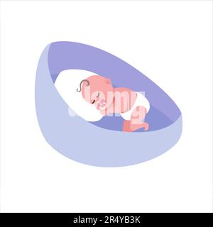 Le nouveau-né dort dans le berceau. Un petit enfant se trouve dans un lit de bébé sur un oreiller. Bébé dans une couche. Vecteur, personnage de dessin animé sur fond blanc. Illustration de Vecteur