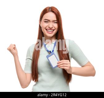 Bonne femme avec badge vip Pass sur fond blanc Banque D'Images