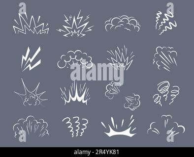 Explosion de bombe de dessin animé nuages comiques. Explosion de la bombe vapeur de mouvement, explosion de dynamite flash d'incendie ou explosion de la fumée de frapper des pistes de vecteur graphique. Jeu d'icônes blanches minimalistes « Energy Burst », « Dust Cloud » Illustration de Vecteur