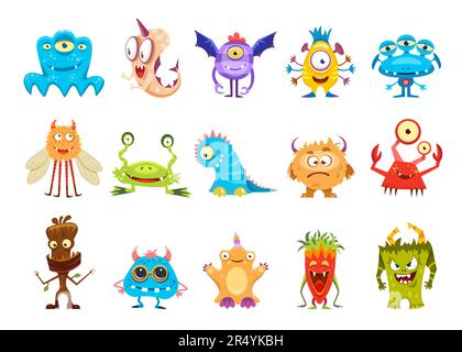 Caricature personnages monstres amusants et enfants créatures bizarres, mutants vectoriels. Des monstres stupides et des animaux exotiques troll, yeti et goblin avec gremlin gai et cyclops ou licorne et fureur volent Illustration de Vecteur