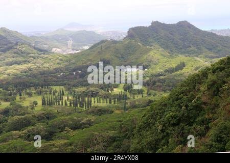 Vue panoramique sur les montagnes et une vallée luxuriante depuis le belvédère nu’uanu Pali, Oahu. Banque D'Images