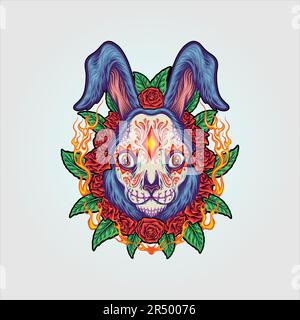 Dia de los muertos tête de lapin avec cadre de rose en fleurs illustrations vectorielles pour votre travail logo, t-shirt, autocollants et étiquette Illustration de Vecteur