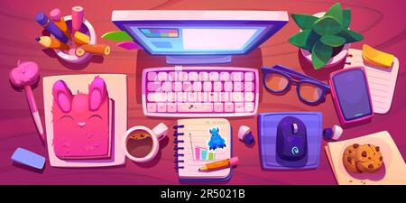 Vue du dessus du bureau des filles pour adolescents. Dessin animé vectoriel de bureau rose avec clavier d'ordinateur, souris, ordinateur portable moelleux, lunettes, café et biscuits, plante verte. Espace de travail des concepteurs indépendants Illustration de Vecteur