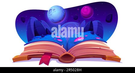 Livre ouvert avec paysage d'espace fantaisie sur des pages isolées sur blanc. Illustration vectorielle d'un livre d'histoire sur la surface de la planète extraterrestre, météorites volant dans le ciel nocturne, aventure cosmique. Passe-temps de lecture Illustration de Vecteur