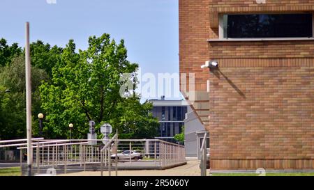 Éco-architecture. Détails de la façade en verre et panneaux en aluminium sur le bâtiment. Arbre vert et immeuble de bureaux moderne. L'harmonie de la nature et de la modernité Banque D'Images