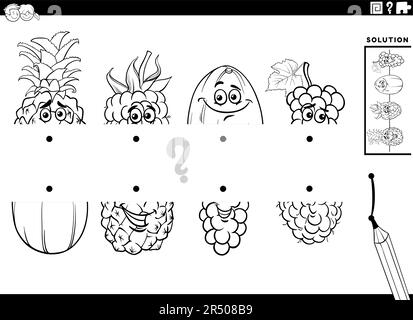 Dessin animé noir et blanc illustration du jeu éducatif de faire correspondre les moitiés des images avec des caractères de fruit coloriage page Illustration de Vecteur