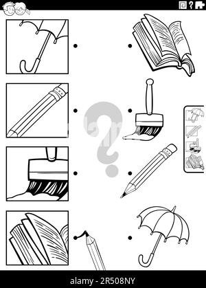 Dessin animé noir et blanc illustration de l'activité éducative correspondante avec des objets et des images coupures page de coloriage Illustration de Vecteur