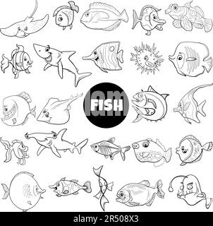 Illustration de dessin animé de poissons animaux marins personnages grand ensemble de coloriage page Illustration de Vecteur