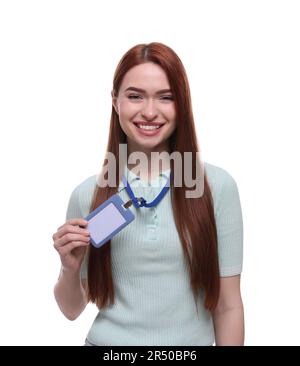 Bonne femme avec badge vip Pass sur fond blanc Banque D'Images