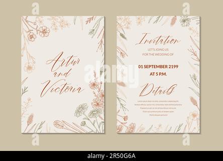 Invitation de mariage à deux côtés avec herbes d'été dessinées à la main. Motif fleurs sauvages verticales. Illustration vectorielle dans le style d'esquisse. Fleurs de prairie esthétique b Illustration de Vecteur