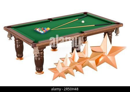 Table de billard avec boules et repère avec cinq étoiles dorées, 3D rendu isolé sur fond blanc Banque D'Images