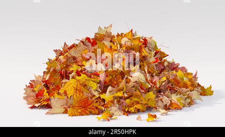 Pile de feuilles de couleur automnale sur fond blanc. Feuillage coloré de feuilles d'érable en automne. 3D illustration Banque D'Images