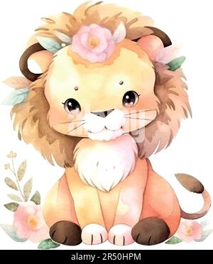 Aquarelle de bébé Lion dans un style magnifique. Animal faune vacances personnage de dessin animé. Collection de vecteurs. Décoration d'été nature. Vecteur coloré de illus Illustration de Vecteur