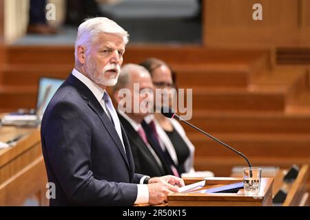 Prague, République tchèque. 31st mai 2023. Le Président tchèque Petr Pavel prend la parole au cours de la session du Sénat pour parler de la nomination de trois candidats à la Cour constitutionnelle, à 31 mai 2023, à Prague, en République tchèque. Crédit : Roman Vondrous/CTK photo/Alay Live News Banque D'Images