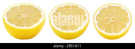 Ensemble de la moitié de citron jaune agrumes isolé sur fond blanc avec passe-cheveux. Profondeur de champ complète. Banque D'Images