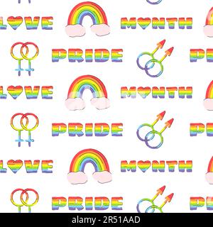 Motif vectoriel LGBT sans coutures avec éléments de fierté. Arrière-plan de la bannière du mois de la fierté gay. Arc-en-ciel drapeau de spectre. Concept des droits LGBT Illustration de Vecteur