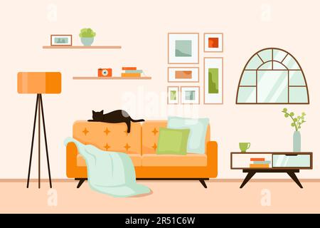 Intérieur du séjour. Canapé confortable, miroir, fauteuil, table basse et plantes d'intérieur. Illustration de Vecteur