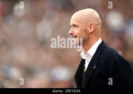 Photo du dossier datée du 07-05-2023, du directeur de Manchester United Erik Ten Hag. Le patron Uni a dit que l'Espagnol l'a inspiré, avec la paire parlant régulièrement avec le Hollandais l'observant très attentivement. Ten Hag a décrit ses sessions de formation comme « une joie à regarder ». Date de publication : mercredi 31 mai 2023. Banque D'Images