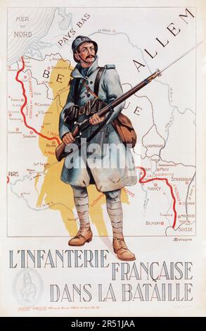 L'infanterie française dans la bataille - Un pied-soldat tenant un fusil. En arrière-plan est une carte partielle de la France. Propagande de la première Guerre mondiale - Delaspre, H., œuvres d'art, 1915 Banque D'Images