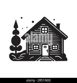 Chalet en bois dans l'illustration vectorielle de style scandi Linocut. Chalet alpin dans le village de vacances de campagne dessin animé. Illustration de Vecteur