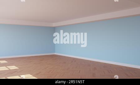 Coin de la salle ensoleillée avec des murs bleu clair, un plafond blanc et Cornice, parquet brillant à chevrons, et un Plinth blanc. Chambre non meublée C Banque D'Images