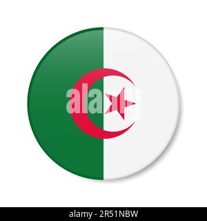 Icône représentant un cercle pour l'Algérie. Drapeau d'insigne rond algérien avec ombre. 3D illustration vectorielle réaliste isolée sur blanc. Illustration de Vecteur