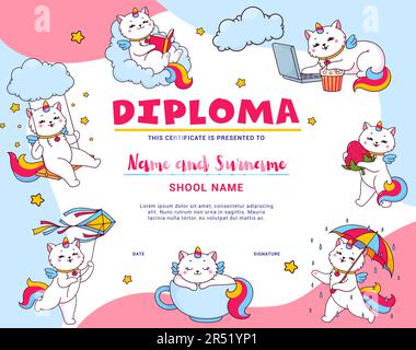 Diplôme pour enfants. Certificat de vecteur de personnages de caticorne mignon de dessin animé. Cadre de formation de l'école ou de la maternelle avec magie unicorn Cat ou Illustration de Vecteur