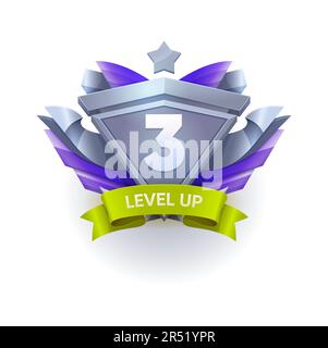 Niveau supérieur badge de jeu, rang ou médaille bonus avec étoile, icône de trophée UI vectoriel. 3 niveaux avec ruban et ailes, arcade de jeux vidéo de niveau supérieur Illustration de Vecteur