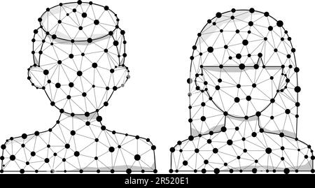 Faces humaines polygonales filaires - tête d'homme et de femme numérique avec icône vectorielle de ligne et de points. Illustration de Vecteur