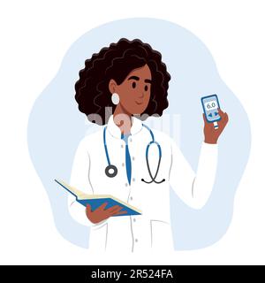 Journée mondiale du diabète. Une jeune femme noire souriante médecin tient un glucomètre dans ses mains pour mesurer le sucre. Illustration de Vecteur