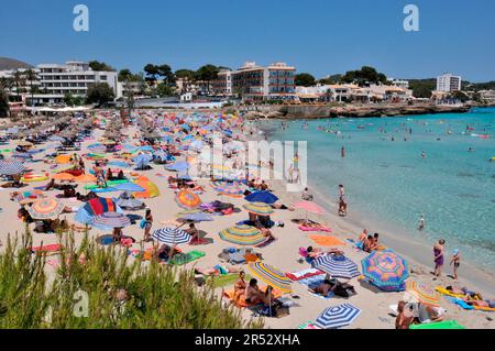 Plage son Moll, Ratjada, tourisme de masse, parasol, parasols, baie, Cala Rajada, Majorque, Espagne Banque D'Images