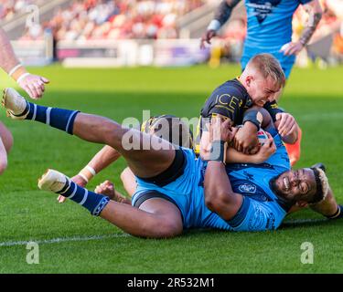 York, Royaume-Uni. 27th mai 2023. Rugby League Summer Bash : Featherstone Rovers et York RLFC. #17 GAD-WIN SPRINGER, tenu à la ligne d'essai Banque D'Images