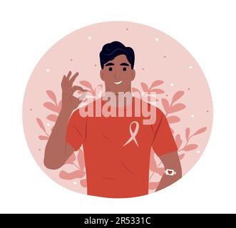 Journée mondiale du don de sang. 14 juin. Un volontaire souriant donne du sang. Illustration de Vecteur