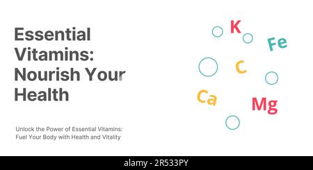 Bannière vitamines essentielles sur fond blanc. Bannière élégante avec texte et icônes pour la santé et le secteur médical Illustration de Vecteur