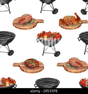 Barbecue à motif aquarelle sans couture. Éléments pour cuisiner un barbecue - grill, poulet et viande. Illustration dessinée à la main isolée sur fond blanc Banque D'Images