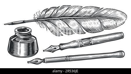 Stylo de plongée Inkwell et plumes. Illustration vectorielle d'esquisse dessinée à la main avec un style de gravure vintage Illustration de Vecteur